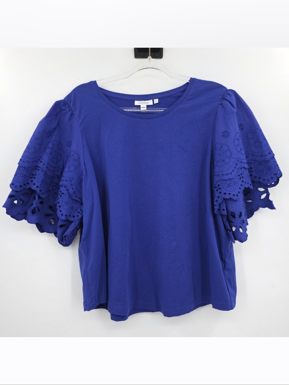 Chicos 3 Royal Blue Puff Sleeve Top XL Tiered Eyelet Lace Sleeve